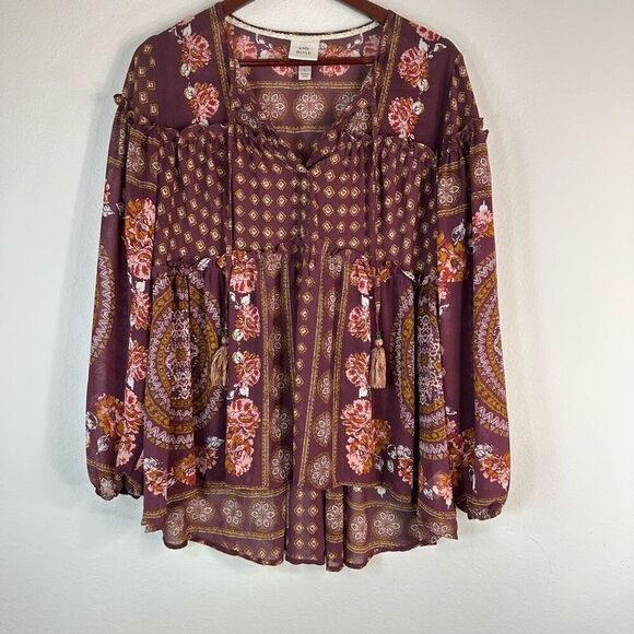 Knox Rose Boho Tassel Tie Blouse Womens Large High Low Hem Artsy Floral Chiffon - Picture 1 of 8